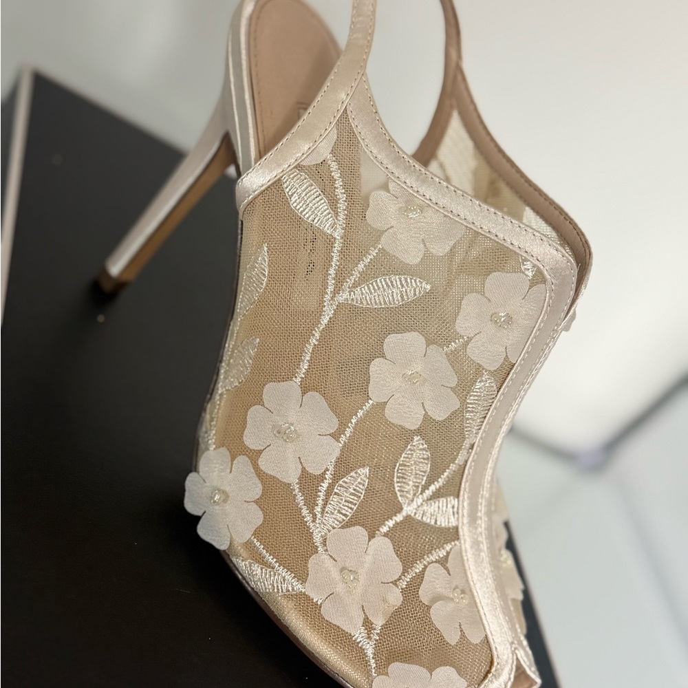 Sheer Floral Embroidered Slingback Heel - Cream